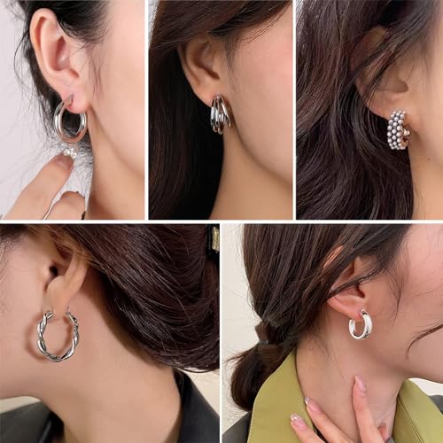 IFKM 24 Pairs Gold Hoop Earrings Set for Women Hypoallergenic Chunky Chain Twisted Open Hoops Dangle Earring Packs for Birthday Party Christmas Fashion Jewelry Gift - color: 24 Pairs Silver