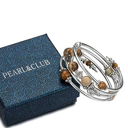 Beaded Pearl Bangle Wrap Bracelet - Fashion Bohemian Jewelry Multilayer Charm Bracelet with Thick Silver Metal Beads, Gift For Women - color: Picture Stone