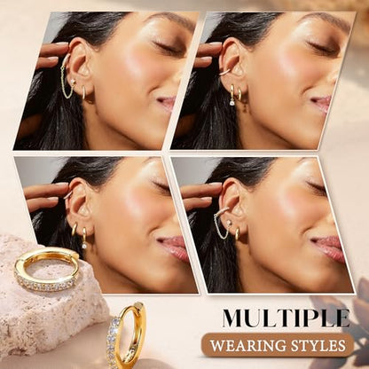 4 Pairs Small Hoop Earrings for Women 14K Gold Plated | Trendy Chain Drop Earrings Set, Hypoallergenic CZ Huggie Hoops, Lightweight Cartilage Earring Stacks - color: 14K Gold Plated-dangle hoop