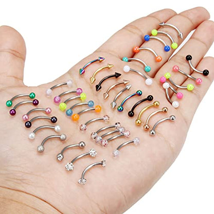 40Pcs 16G Surgical Steel Daith Rook Earring 8mm 10mm Curved Barbell Eyebrow Rings Belly Button Ring Piercing Jewelry for Women Men