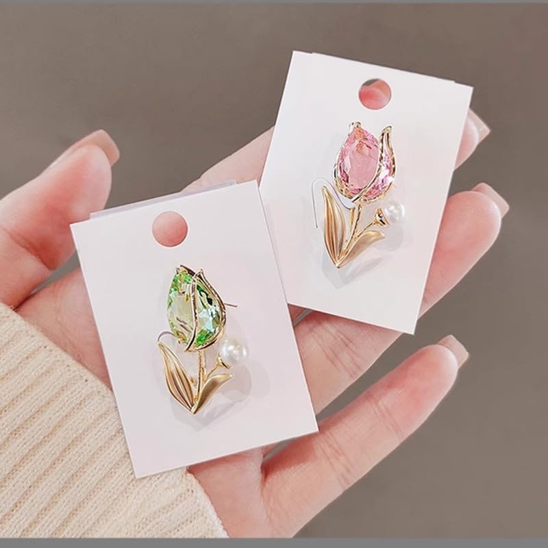 Elegant Floral Brooch Pins for Women, Crystal Pearl Rhinestone CZ Flower Lapel Pin Wedding Party Exquisite Brooches and Pins for Women Ladies - color: Pink+Green 2PCS