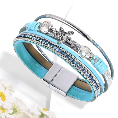 VIBILIA Boho Leather Wrap Bracelets for Women Multi-Layer Bracelets | With Strong Clasp Jewelry for Women - color: 04-ShellStarfish-Blue