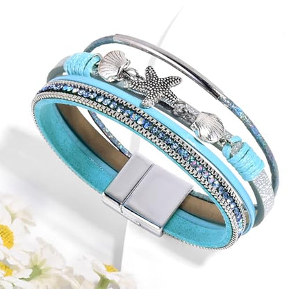 VIBILIA Boho Leather Wrap Bracelets for Women Multi-Layer Bracelets | With Strong Clasp Jewelry for Women - color: 04-ShellStarfish-Blue
