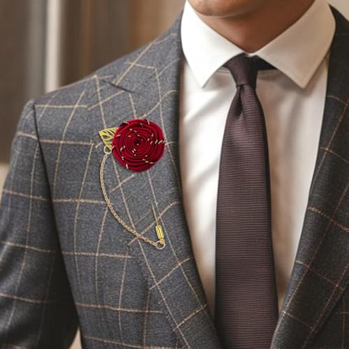 Gold Lapel Pin for Men, Gold Foil Brooch Men's White Flower Satin Lapel Pin with Metal Chain for Suits Professional Tuxedo Groom Wedding Brooch - color: Wine Red