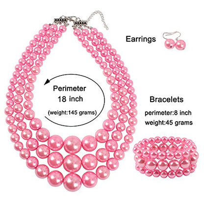 KOSMOS-LI Women's 3 Layer Simulated Pearl Statement 18" Necklace Bracelet and Earrings Jewelry Set Stocking Stuffers - color: pink