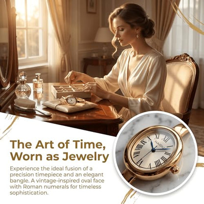 Women's Oval Bangle Watch, Elegant Open-Cuff Bracelet Wrist Watch with Roman Numeral Dial, Minimalist Luxury Fashion Quartz Watch for Ladies - color: Gold/Cream