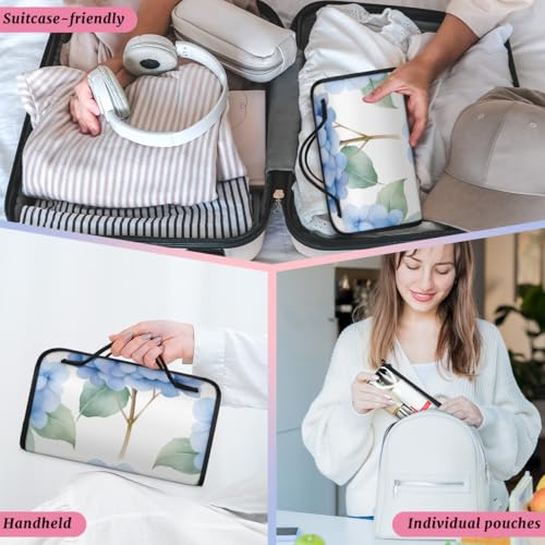 Blue Hydrangeas Hanging Roll Up Cosmetic Bag with 4 Removable Storage Bags Waterproof Foldable Toiletry Kit for Women - color: Multicolor 2