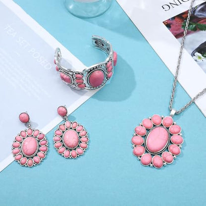 NEWITIN 4 Pieces Silver Bohemian Jewelry Set for Women Fashion Costume Jewels Turquoise Necklace Bracelet Earrings Western Turquoise Jewelry Set for Women - color: Pink Turquoise