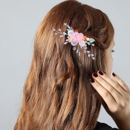 Wedding Hair Clips, Crystal Hair Pins Pearl Rhinestone Hair Barrettes, Bridal Flower Hair Pieces Pearl Headpieces Hair Accessories for Women Girls (White&Pink) - color: White&Pink