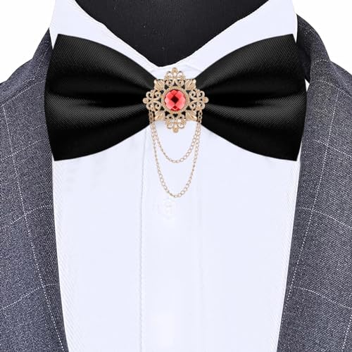 QCWQYML Black Bow Ties for Men Pre-Tied Mens Bow Tie Classic Crystal Brooch Chain Bowtie Adjustable Bowties Tuxedo Party - color: (Gold/Red)-black