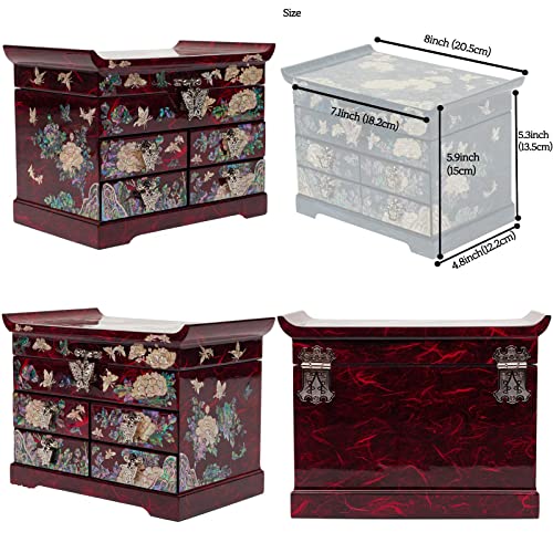 February Mountain Mother of Pearl Wooden Jewelry Organizer Box – Jewelry Storage Box for Women, Features Spacious Drawers, Ideal for Rings, Bracelets, Watches, Chains, Accessories - style: Peony_Red