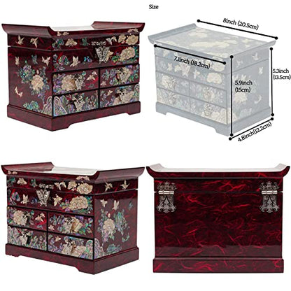 February Mountain Mother of Pearl Wooden Jewelry Organizer Box – Jewelry Storage Box for Women, Features Spacious Drawers, Ideal for Rings, Bracelets, Watches, Chains, Accessories - style: Peony_Red