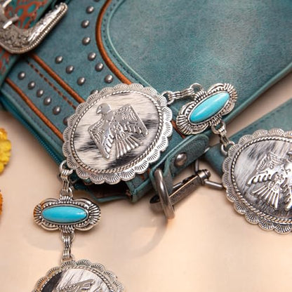 Montana West Rustic Couture's Turquoise Western Concho Chain Belt for Women | Large Western Cowgirl Metal Adjustable Boho Body Chain Belt for Dresses Jeans Country Concert - color: Brilliant Turquoise