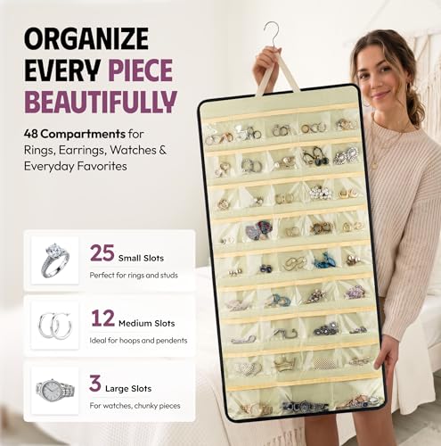 Hanging Jewelry Organizer 34.7 x 17.2 inches XL Size with Clear Pockets & Hooks – Double-Sided Necklace, Earrings & Rings Storage Holder – Space-Saving Closet Organizer for Women