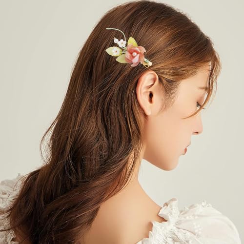 A Pair Wedding Hair Clips, Handmade Floral Design Crystal Hair Clips Pearl Barrettes, Rhinestones Flower Clips Pearl Headpieces Hair Pins Hair Accessories for Women Girls (Green&Pink) - color: Green&Pink