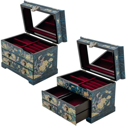 February Mountain Mother of Pearl Wooden Jewelry Organizer Box – Jewelry Storage Box for Women, Features Spacious Drawers, Ideal for Rings, Bracelets, Watches, Chains, Accessories (Peony_Blue) - style: Peony_Blue