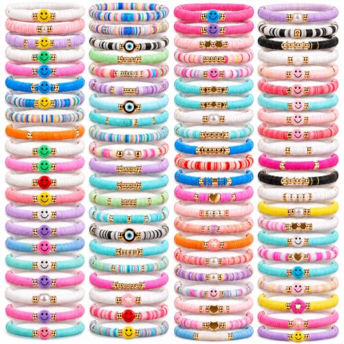gisgfim 112 Pcs Beaded Friendship Bracelets Bulk Surfer Heishi Clay Stretch Y2K Bracelets Colorful Cute Boho Stackable BFF Bestie Inspirational Jewelry for Women Summer Beach Party Favors Style - style: Smile
