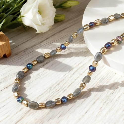 Boho Colorful Chunky Statement Beaded Necklaces for Women,Handmade Women's Fashion Gemstone Bead Choker Necklace,Western Natural Stone Strand Necklace Bib Collar Jewelry Unique Gifts for Women - color: 07-Grey