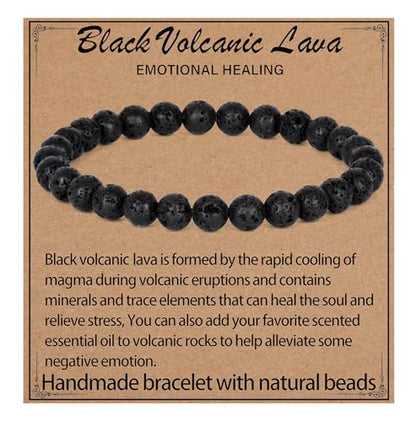 LPBeads Handmade Natural Gemstone Stretch Elastic Bracelet Healing Crystal Round Stone Beads Jewelry Gifts for Women Men - color: Black Lava, size: 6mm