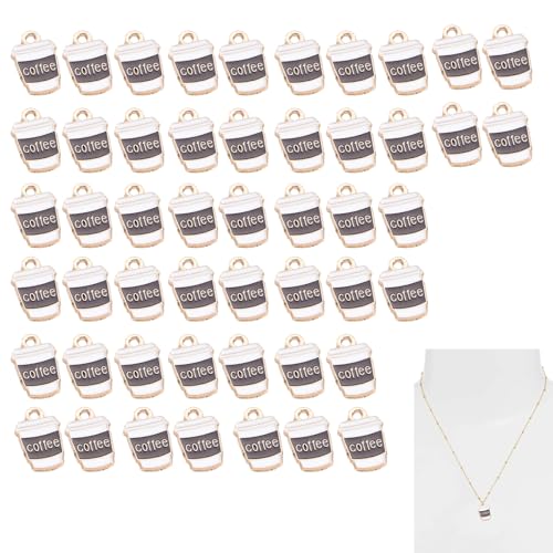 50Pcs Coffee Charms for Jewelry Making Enamel Golden Mini Coffee Cup Charms Dangle Beads Charm for DIY Craft Accessories Cup for Bracelets Necklaces and Earrings