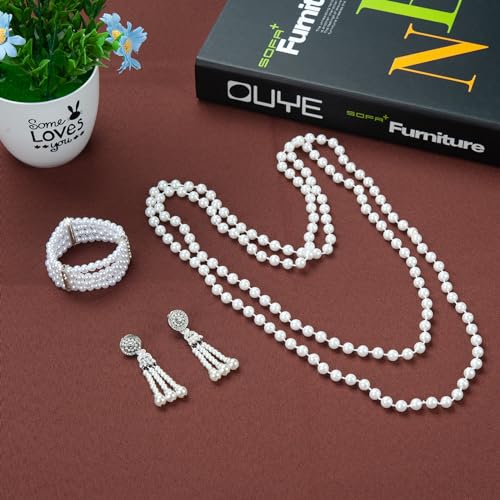 1920s Pearl Jewelry Set - Long Pearl Necklace, Earring Set, Multilayer Bracelet - Flapper Accessories for Women - color: Noble