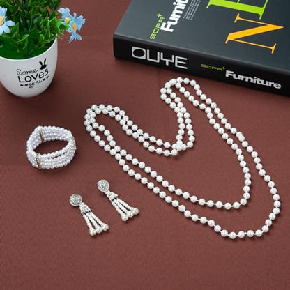 1920s Pearl Jewelry Set - Long Pearl Necklace, Earring Set, Multilayer Bracelet - Flapper Accessories for Women - color: Noble