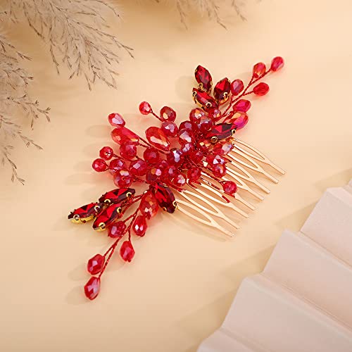 Teyglen Crystal Wedding Hair Comb - Bridal Full Red Rhinestone Side Comb - Dainty Green Blue Black Pieces - Bride Accessories for Women Girl (Red) - color: Red