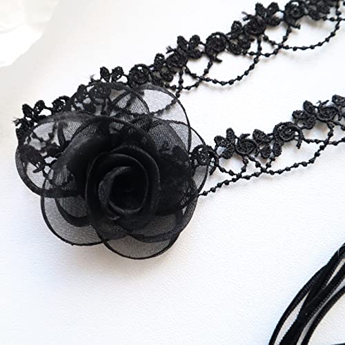 Black Choker Camellia Flower Lace-up Necklace For Women - color: BLACK2