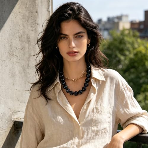 Chunky Beaded Necklace for Women Trendy Boho Collar Statement Necklace Large Round Resin Beads Choker Necklaces Summer Beach Jewelry Gifts - color: Black