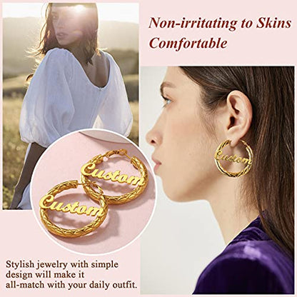 FindChic Chunky Hoop Earrings for Women, Silver/Black/14K Gold Plated Crossover Patterned Hollow Tube Rounded Loop Earrings, 30mm/40mm/60mm/80mm Hoops with Custom Name Options and Gift Box - color: f.Gold (Custom Name), size: 40MM