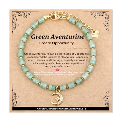 Natural Gemstone Healing Crystal Dainty Charms Bracelet Adjustable Chain Extender Minimalist Jewelry - color: Aventurine + Star and Moon