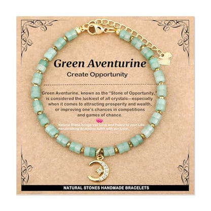Natural Gemstone Healing Crystal Dainty Charms Bracelet Adjustable Chain Extender Minimalist Jewelry - color: Aventurine + Star and Moon