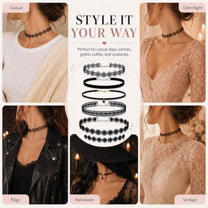 6 Pcs Black Choker Necklaces Girl Velvet Choker Set Classic Gothic Tattoo Lace Chokers Adjustable Lace Choker Necklace For Women