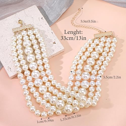 Yolev 5 Layers Boho Round Imitation Pearl Choker Necklace Vintage Multi Strands Pearl Collar Pearl Choker Necklaces for Women Bridal Wedding 20s Flapper Themed Party