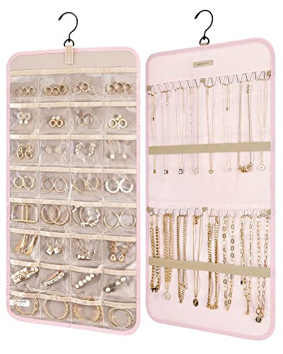 BAGSMART Hanging Jewelry Organizer Necklace/Earring/Ring 2-Sided M Pink | Jewelry Storage with Hanger Metal Hooks Double-Sided Jewelry Holder on Closet, Wall, Door - color: Pink, size: Medium