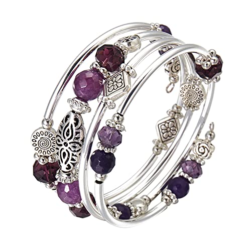 FULU AUTUMN Stackable Beaded Bracelets for Women Boho Wrap Silver Bracelet Layered Fashion Jewelry Gifts for Her - color: Purple
