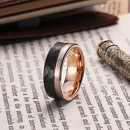 King Will Mens Tungsten Carbide Wedding Band with Groove Design | 6/7/8mm Width, Grooved, Comfort Fit, Everyday Wear - color: Hammered Rose Gold-8mm