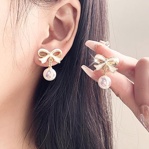 Pearl Bow Earrings for Women Coquette Aesthetic Jewelry Rhinestone Bow Earrings for Bridesmaids Wedding Party Accessories Bridal Costume Accents Bowknot Themed Gifts - color: B4: White Bow Pearl Earrings