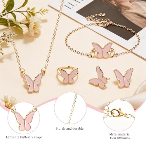 Butterfly Jewelry Set, Including Butterfly Necklace, Bracelet, Stud Earrings, and Adjustable Ring for Women - color: Pink
