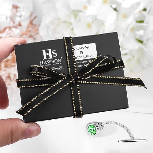 HAWSON Mens Tie Tack with Chain Round Crystal Wedding Business Accessories - color: Silver + Peridot