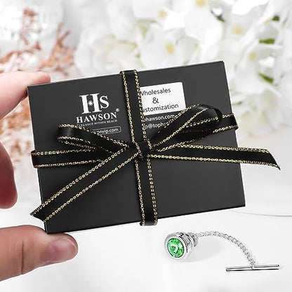 HAWSON Mens Tie Tack with Chain Round Crystal Wedding Business Accessories - color: Silver + Peridot