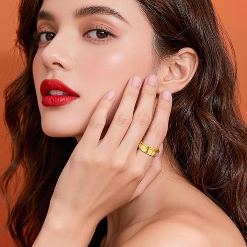 Fidget Anxiety Rings for Women 14K Gold Silver Plated Spinner Band Ring 8mm Thick Stainless Steel Statement Rings Jewelry Gifts Size 6-10 - color: Gold-Flower
