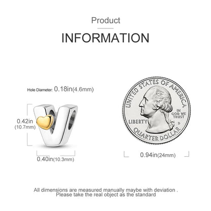 Women 925 Sterling Silver Charms A-Z Heart Letters Beads Pendant for Bracelets Women Fit Pandora Bracelets Hypoallergenic Beads - color: V