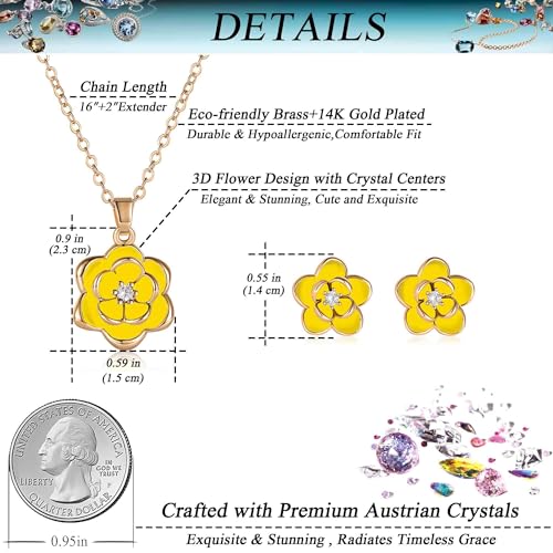 EVEVIC Dainty Flower Pendant Necklace Earrings for Women 14K Gold Plated Hypoallergenic Jewelry Sets - color: Yellow /Rose Gold-tone