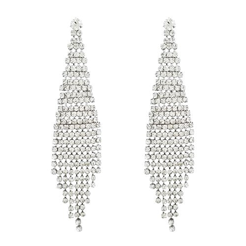 SELOVO Fashion Wedding Bride Women Long Tassel Link Fringe Dangly Earrings Clear Crystal - color: Silver