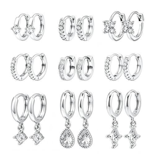 Wgoud 12 Pairs Small 14K Gold Plated Chunky Hoop Earrings for Women Hypoallergenic Lightweight Gold/Silver Hoop Earring Set for Sensitive Ears Trendy Cartilage Huggie Hoops Stacks for Multiple Piercing Jewelry - color: Silver-9 pairs