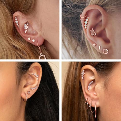 8Pcs Stainless Steel 16G Conch Piercing Jewelry Helix Cartilage Earrings | Flower Opal CZ Stud Earrings Set with Flat Back for Women, 18K Gold Plated, Silver, Rose Gold - color: Rose Gold