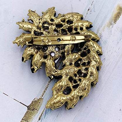 SELOVO Marquise Shape Rhinestone Red Leaf Costume Brooch Pin Jewelry Antiqued Gold Tone - color: Black