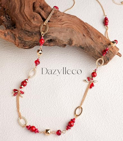 Long Gold Boho Necklaces for Women Beaded Statement Chain Long Necklace Gold Costume Jewelry Birthday Gifts for Her - color: Dark Red