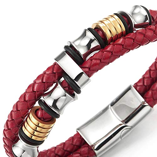COOLSTEELANDBEYOND Mens Double-Row Braided Leather Bracelet Bangle Wristband with Black Stainless Steel Ornaments - color: D-Red Silver
